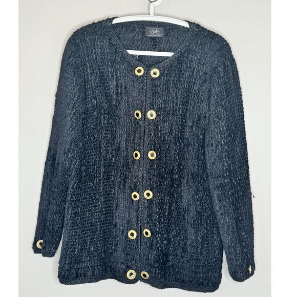 Vintage Estelle L Textured Jacket Black Gold Button Cardigan Blazer 80s Luxe - Picture 2 of 8